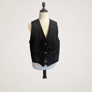 Vintage Global Identity G-III Black Suede Leather Vest Size Large Snaps Suede